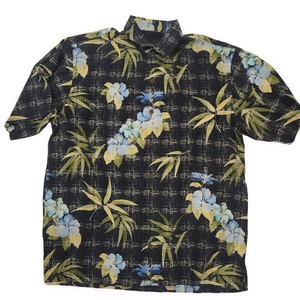 Tommy Bahama Mens Large Black Floral Hawaiian‎ Camp Silk Shirt